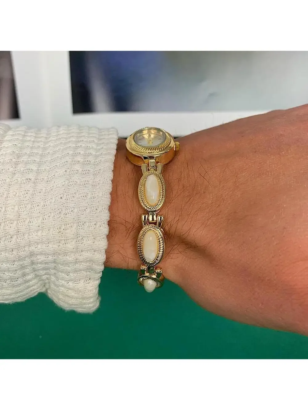 Y2k style Dainty cute Gold style tone quartz watch with lime green jade stone op